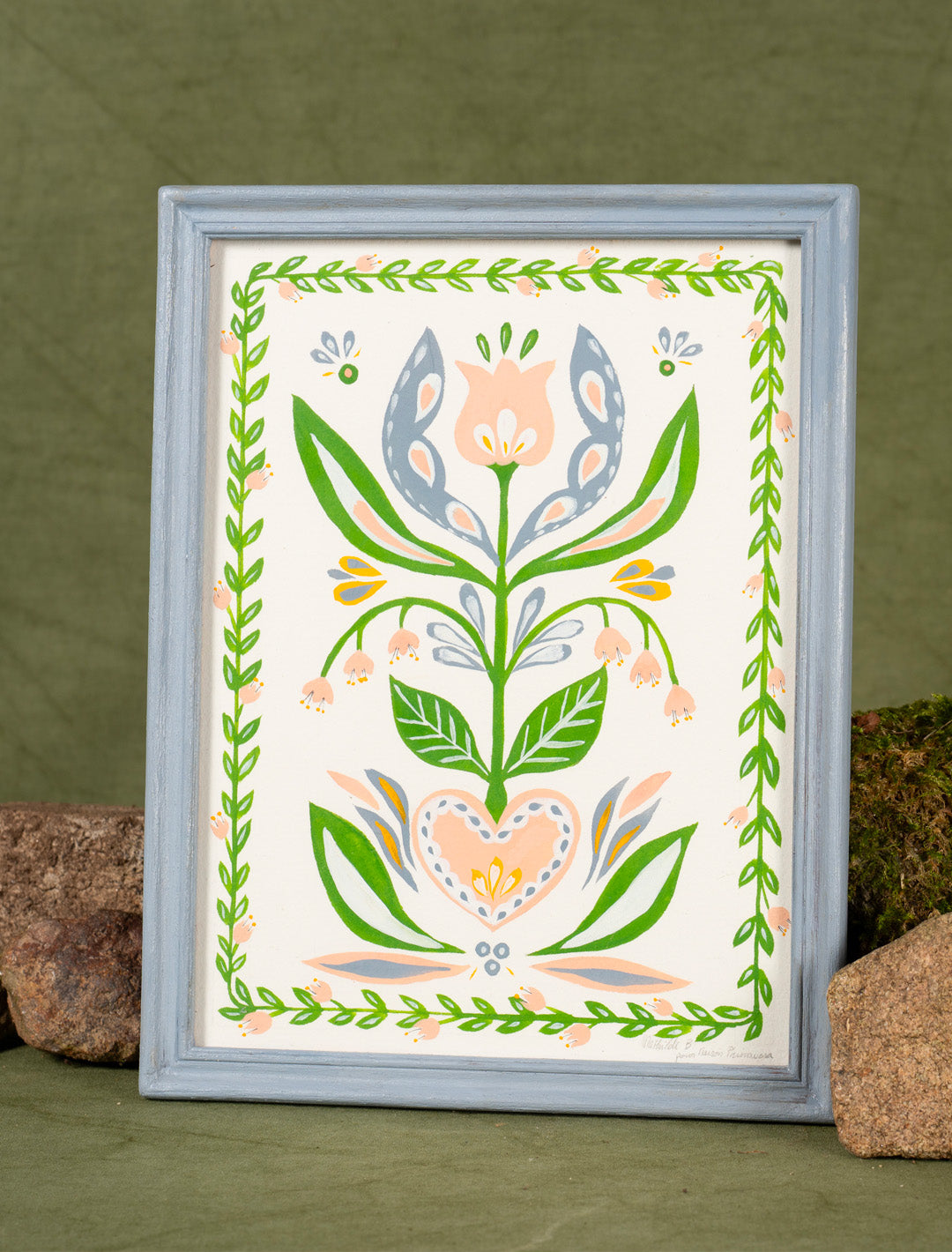 Peinture motif arbre de vie, pièce unique fabriquée en France, vert, rose et bleu, cadre peint en bleu