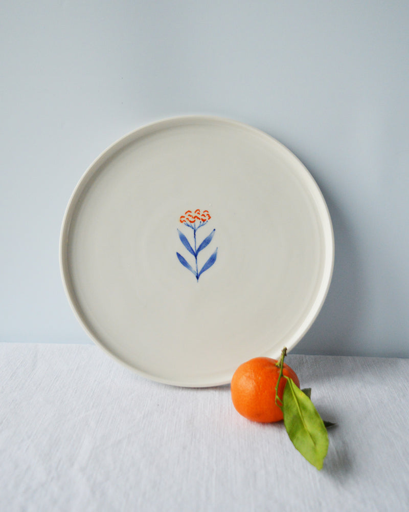 Porcelaine fabriquée en France, assiette à dessert Flora à motif Primavera sur fond blanc