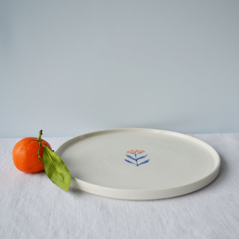 Porcelaine fabriquée en France, assiette à dessert Flora à motif Primavera sur fond blanc