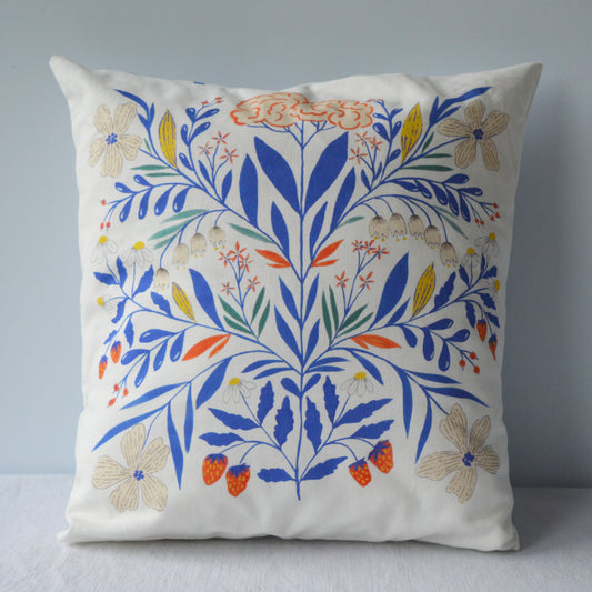 Coussin Galanthus pour la collection Primavera, en coton et lin, tissé, imprimé et fabriqué en France, sur fond blanc