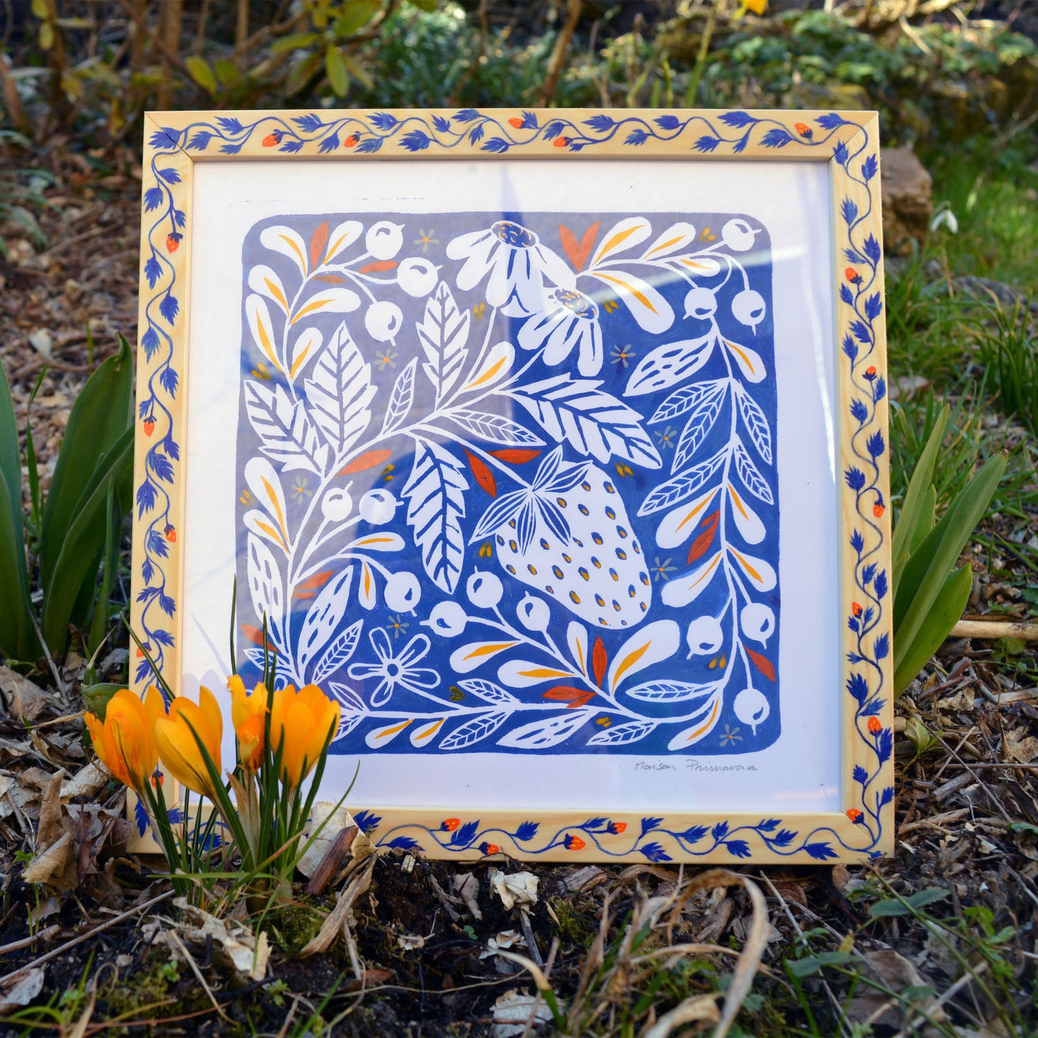 Linogravure et cadre peints, fabriqués en France, motif floral et coloré