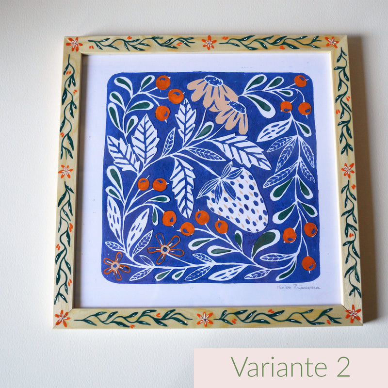 Linogravure et cadre peints, fabriqués en France, motif floral et coloré