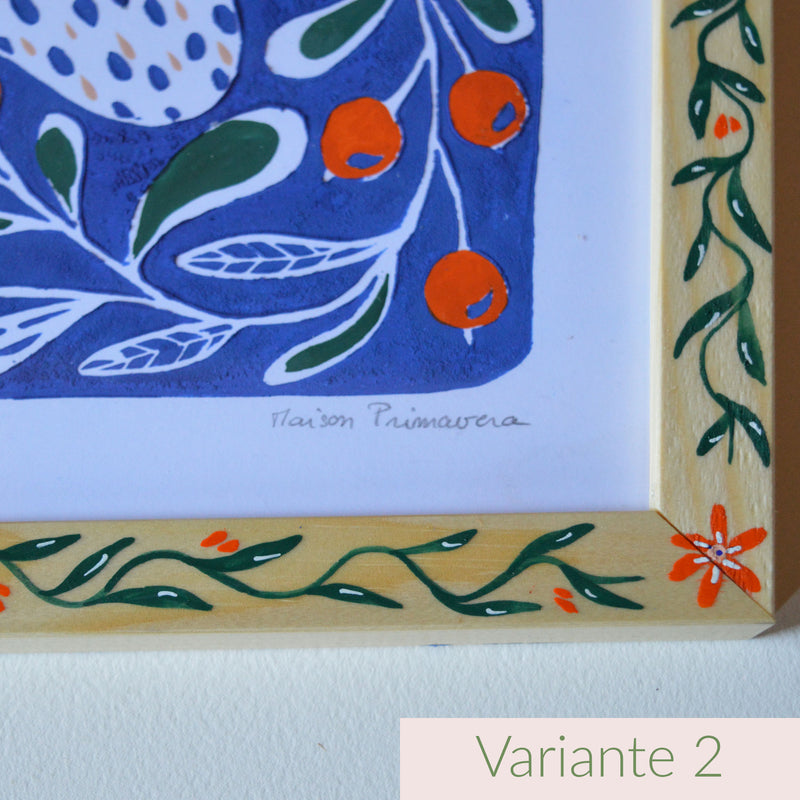 Linogravure et cadre peints, fabriqués en France, motif floral et coloré