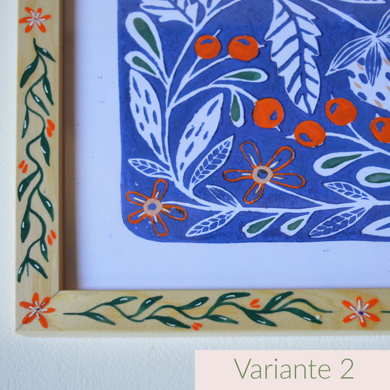 Linogravure et cadre peints, fabriqués en France, motif floral et coloré