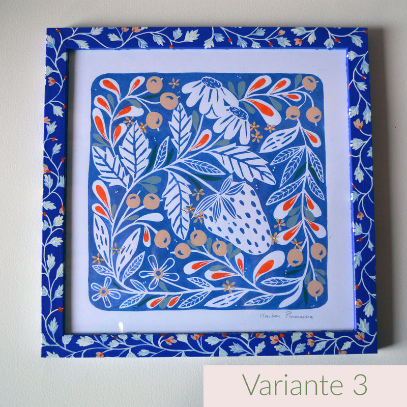Linogravure et cadre peints, fabriqués en France, motif floral et coloré