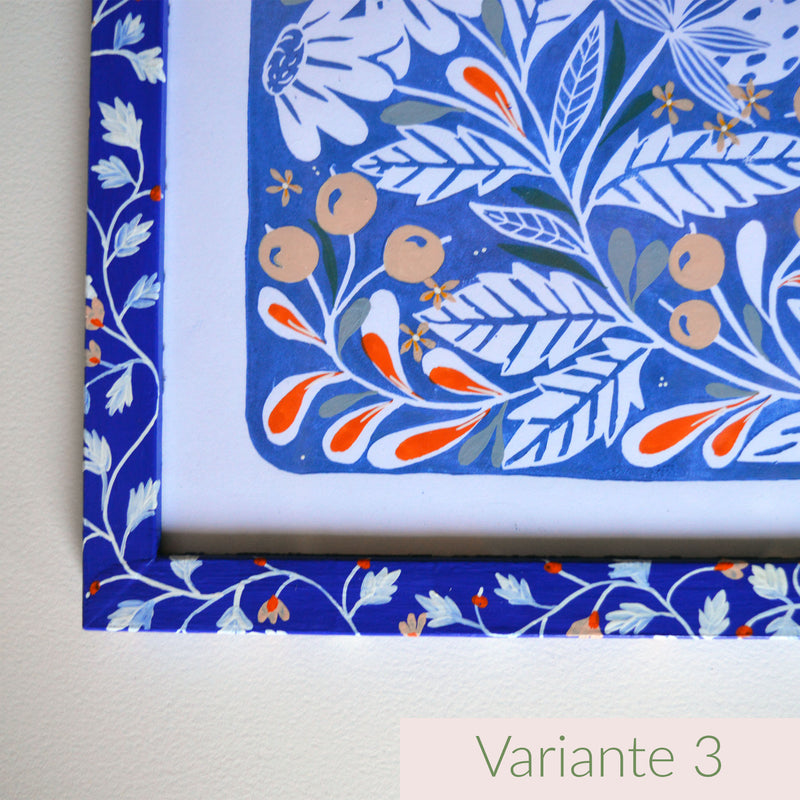 Linogravure et cadre peints, fabriqués en France, motif floral et coloré