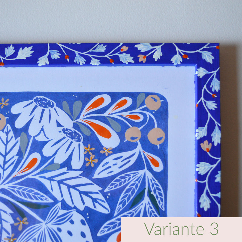 Linogravure et cadre peints, fabriqués en France, motif floral et coloré