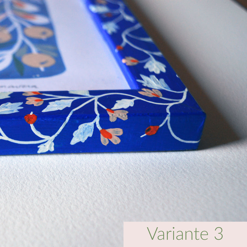 Linogravure et cadre peints, fabriqués en France, motif floral et coloré