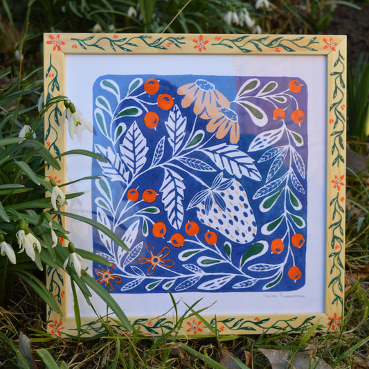 Linogravure et cadre peints, fabriqués en France, motif floral et coloré