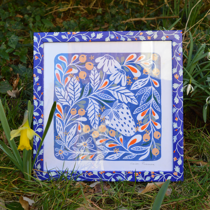 Linogravure et cadre peints, fabriqués en France, motif floral et coloré