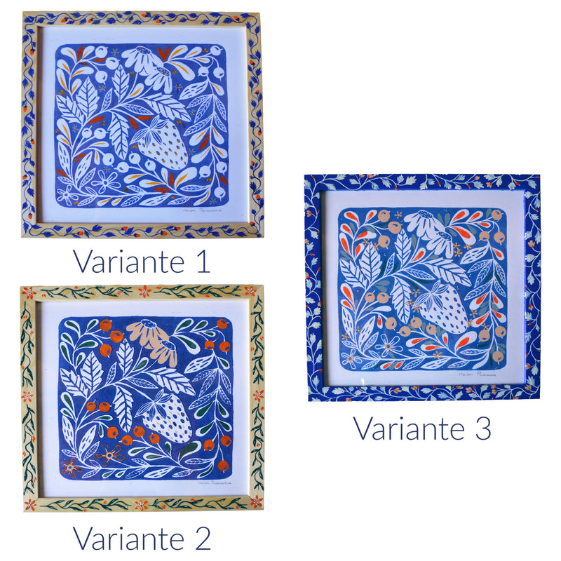 Linogravure et cadre peints, fabriqués en France, motif floral et coloré