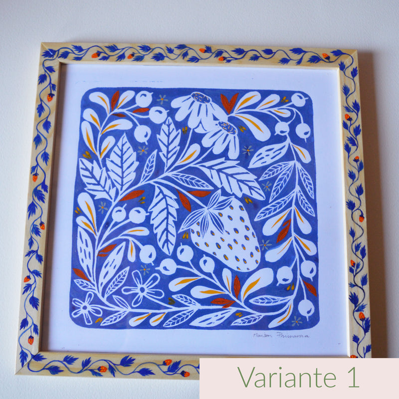 Linogravure et cadre peints, fabriqués en France, motif floral et coloré