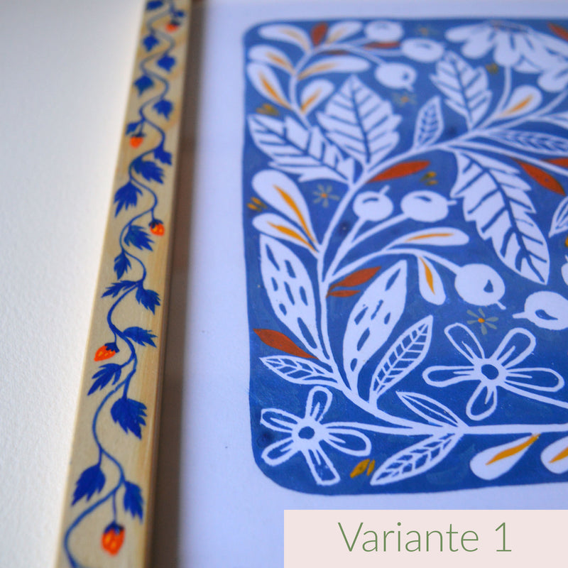 Linogravure et cadre peints, fabriqués en France, motif floral et coloré