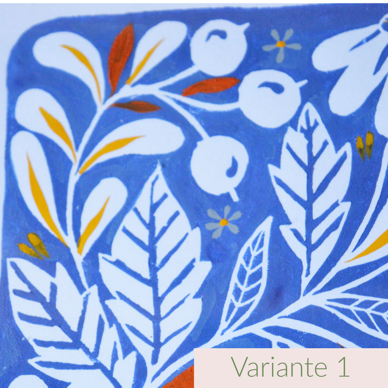 Linogravure et cadre peints, fabriqués en France, motif floral et coloré