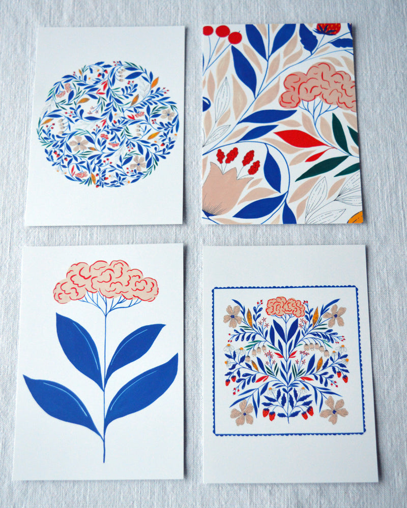 Lot de 4 cartes postales motifs Primavera imprimées en France, sur fond blanc