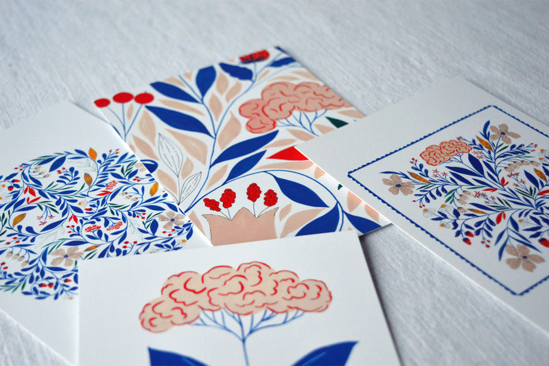 Lot de 4 cartes postales motifs Primavera imprimées en France, sur fond blanc