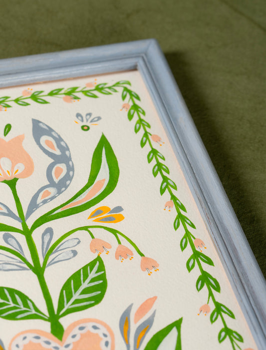 Peinture motif arbre de vie, pièce unique fabriquée en France, vert, rose et bleu, cadre peint en bleu