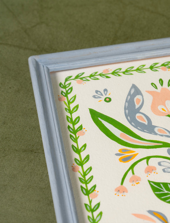 Peinture motif arbre de vie, pièce unique fabriquée en France, vert, rose et bleu, cadre peint en bleu