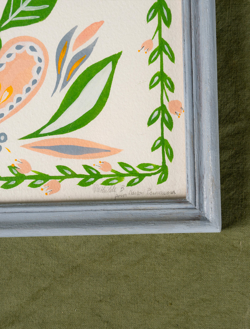 Peinture motif arbre de vie, pièce unique fabriquée en France, vert, rose et bleu, cadre peint en bleu