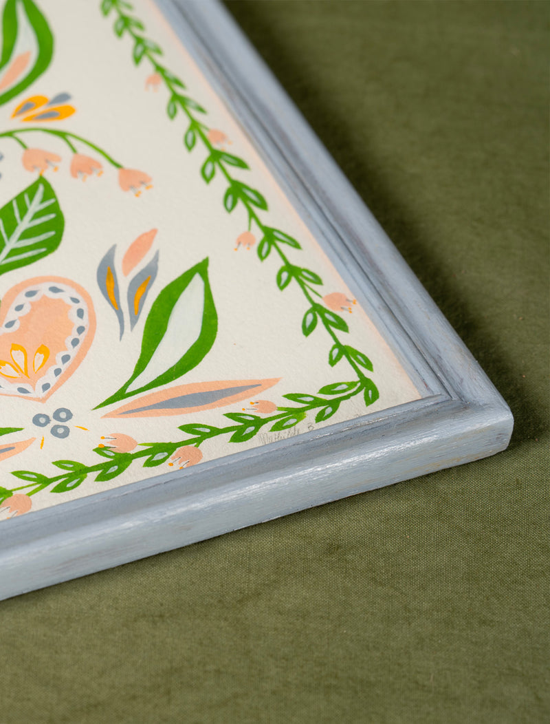 Peinture motif arbre de vie, pièce unique fabriquée en France, vert, rose et bleu, cadre peint en bleu