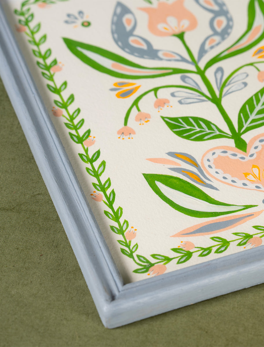 Peinture motif arbre de vie, pièce unique fabriquée en France, vert, rose et bleu, cadre peint en bleu