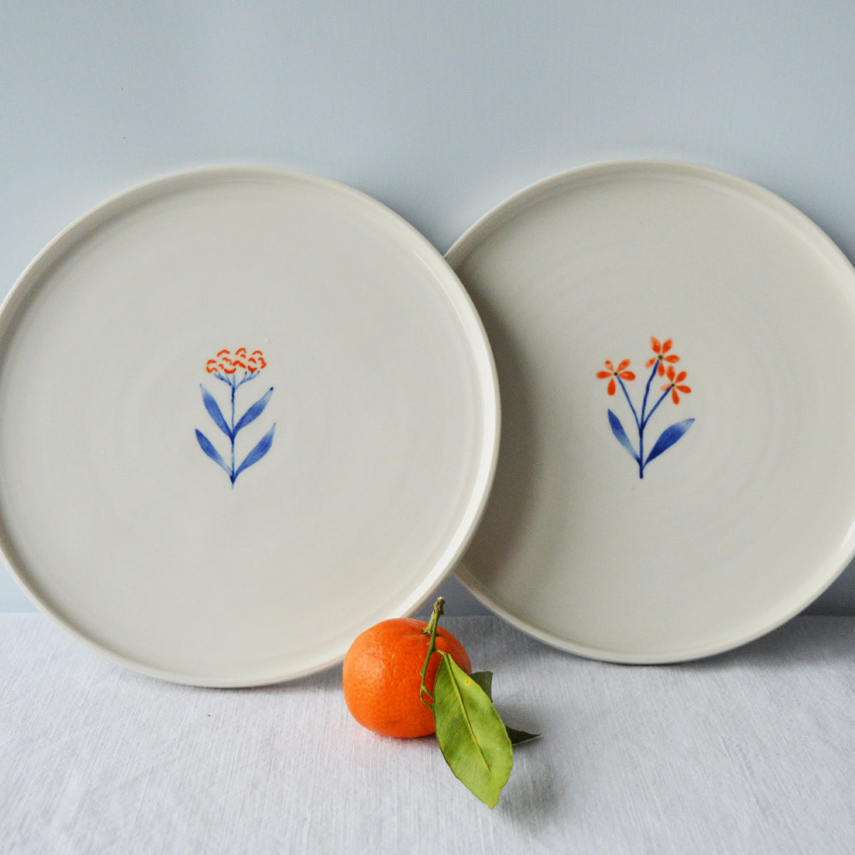 Porcelaine fabriquée en France, assiettes à dessert à motif Ostara et Flora sur fond blanc