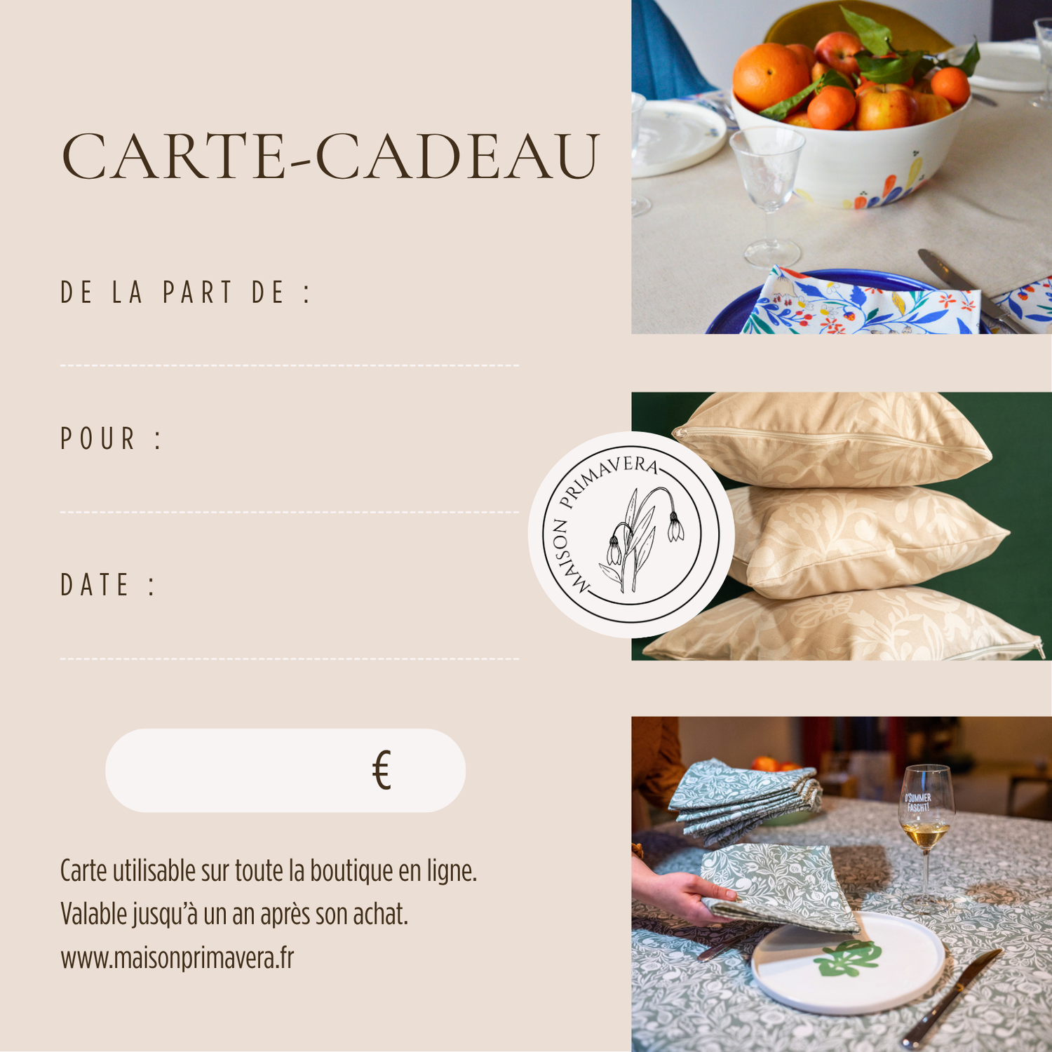 Carte-cadeau virtuelle pour de l'art de la table et de la décoration d'intérieur, artisanat fabriqué en France