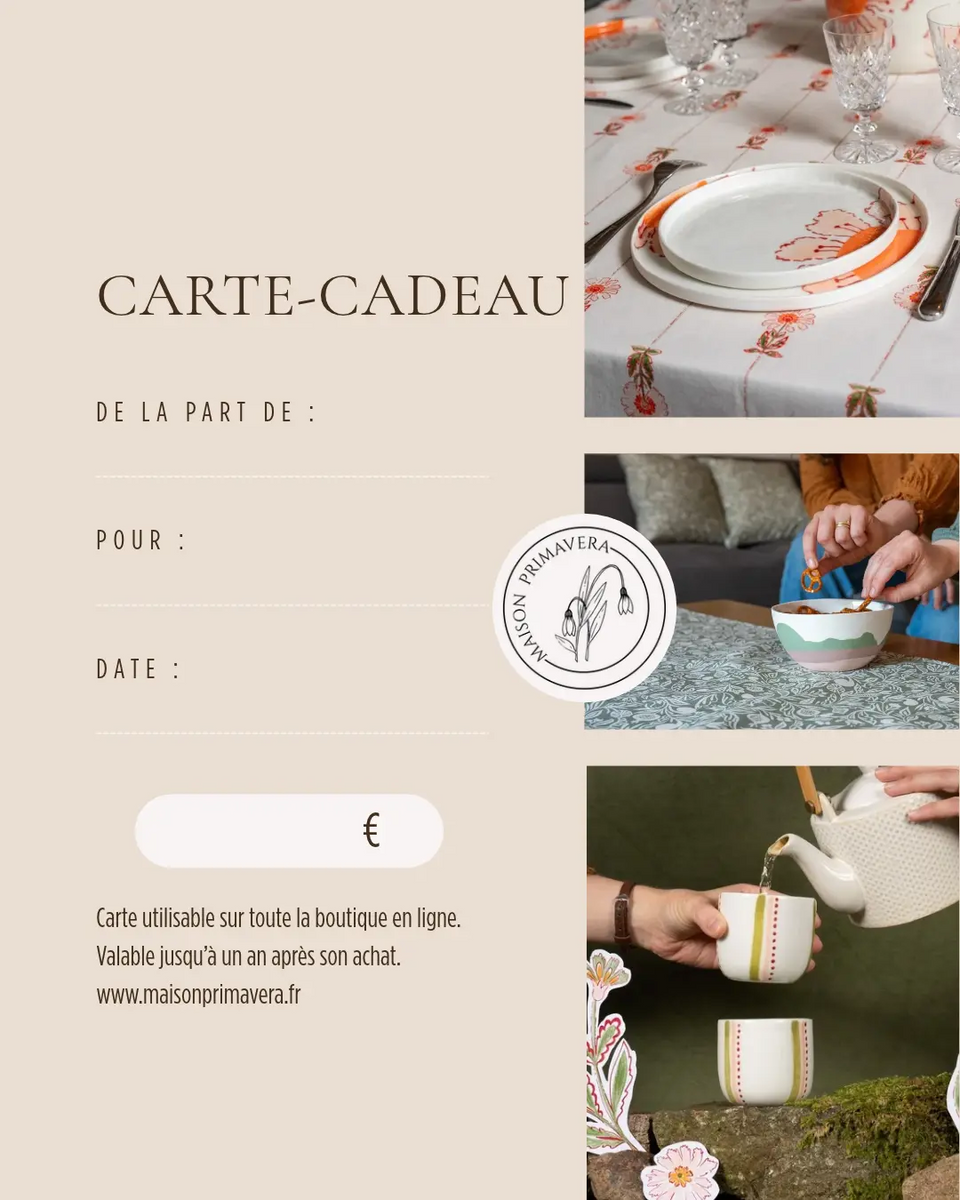 Carte-cadeau virtuelle pour de l'art de la table et de la décoration d'intérieur, artisanat fabriqué en France