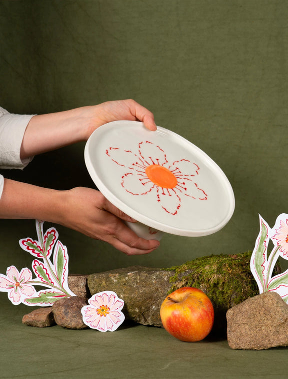 Compotier en porcelaine artisanal fabriqué en France, motif fleur des champs