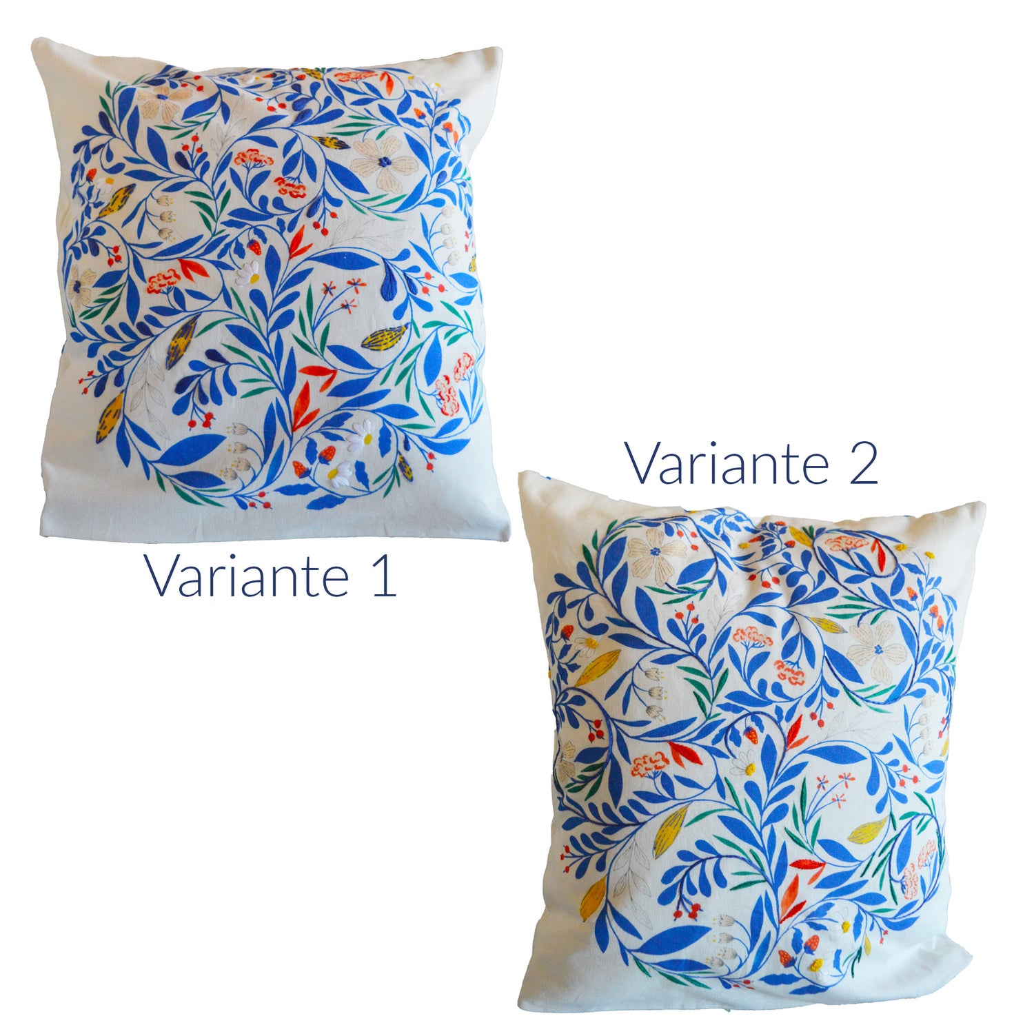 Coussin brodé à la main, fabriqué en France, motif floral et coloré