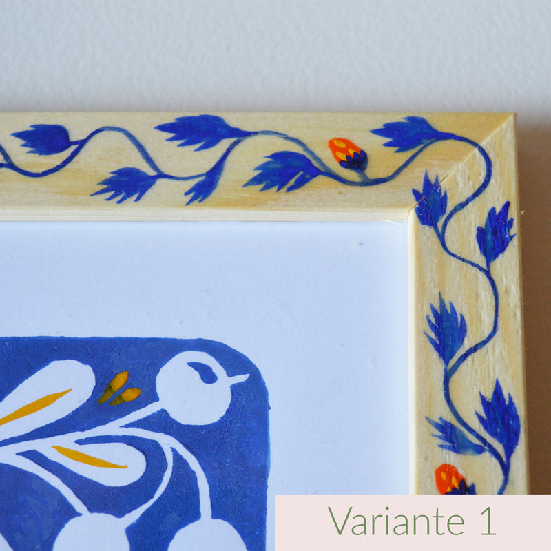 Linogravure et cadre peints, fabriqués en France, motif floral et coloré