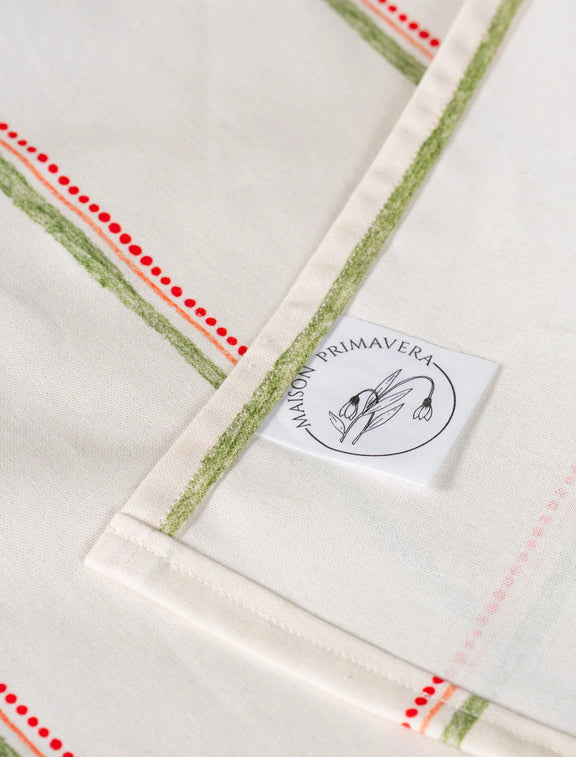 Etiquette d'une nappe en coton et lin fabriquée en France à rayures colorées