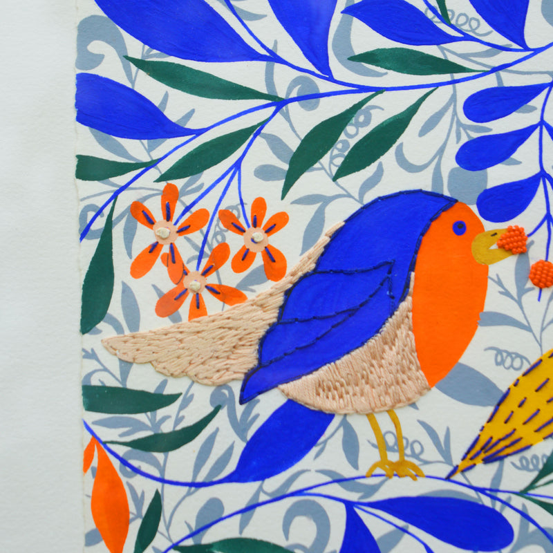 Peinture brodée à la main, motif de rouge-gorge et motif floral et coloré