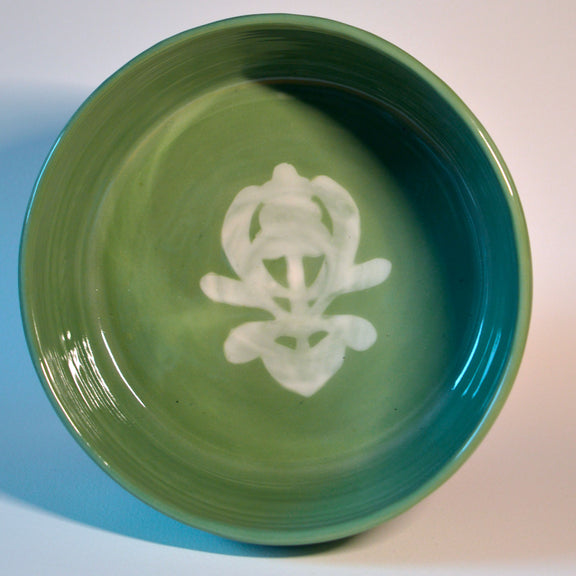 Saladier vert avec motif blanc arbre de vie, porcelaine tournée à la main en France