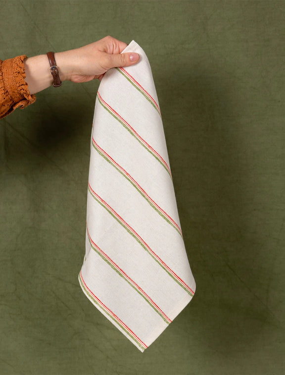 Serviette de table en coton et lin fabriquée en France avec un motif à rayures colorées