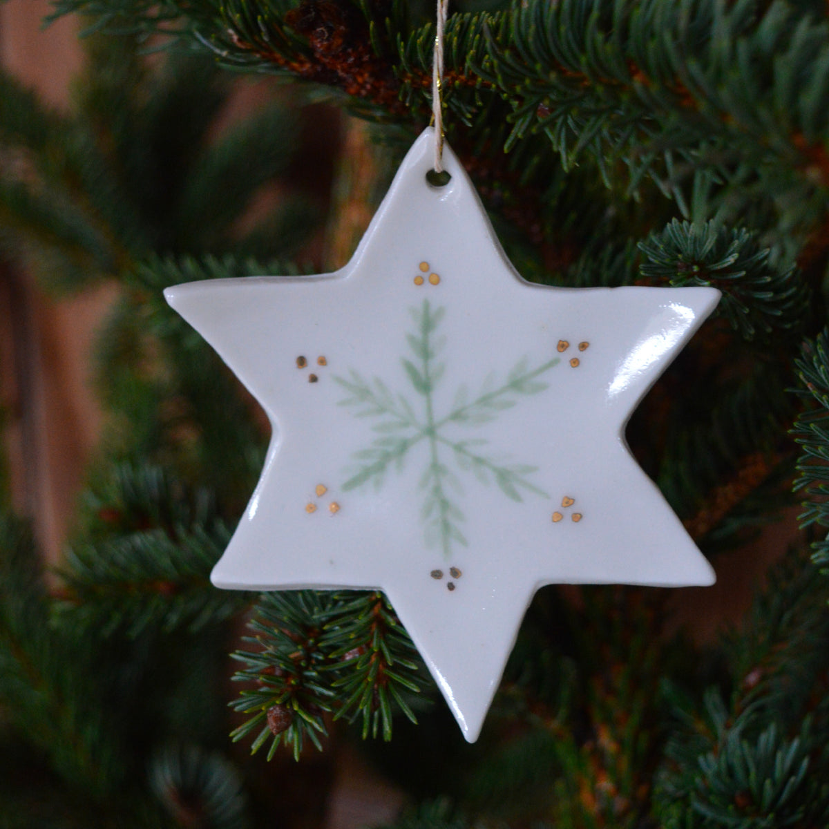 Décoration de Noël, suspension étoile en porcelaine avec motif de sapin, vert et doré, fabriquée en France