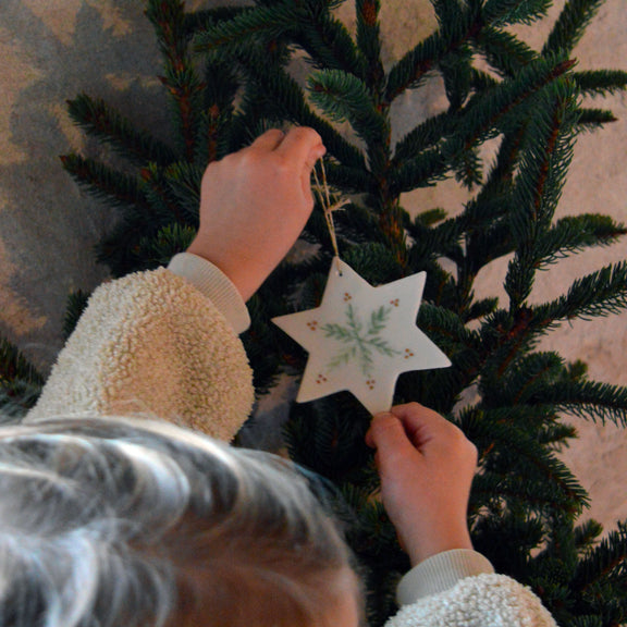 Décoration de Noël, suspension étoile en porcelaine avec motif de sapin, vert et doré, fabriquée en France