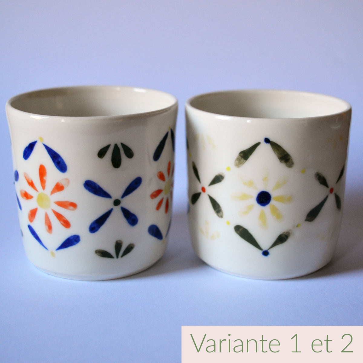 Tasses à café en porcelaine, fabriquéesen France artisanalement, motif floral et coloré