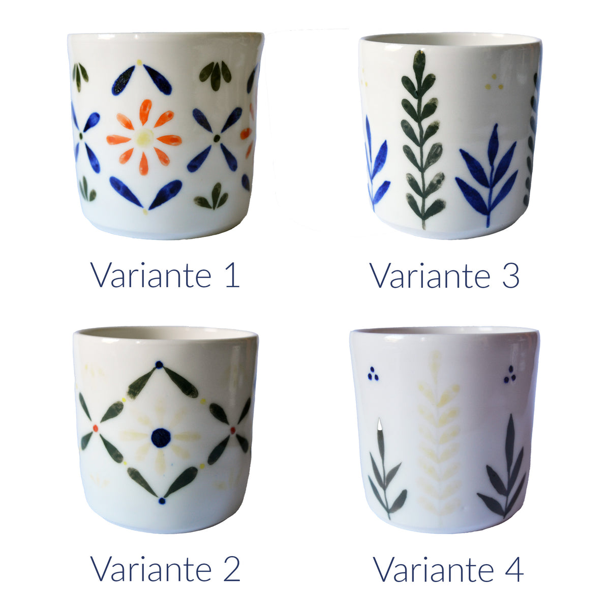 4 tasses à café en porcelaine, fabriquées en France artisanalement, motif floral et coloré