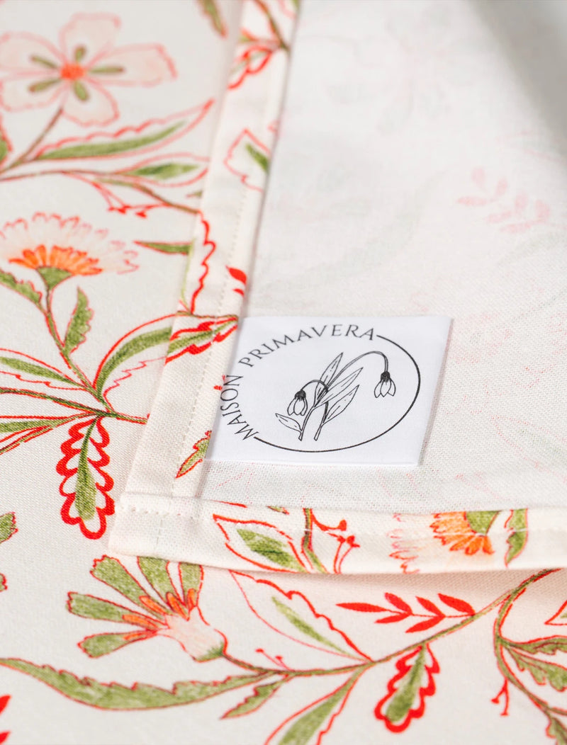 Etiquette d'un torchon en coton et lin fabriqué en France, avec un motif de fleurs des champs